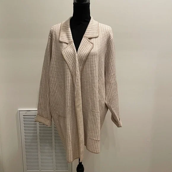 FORTUNE IVY Houndstooth Knit Open Front Cardigan Jacket Blazer 3X Beige - Picture 2 of 8